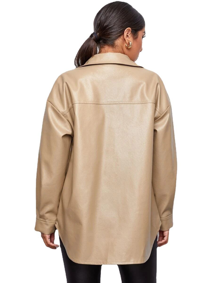 Beige Faux Leather Oversized Shirt