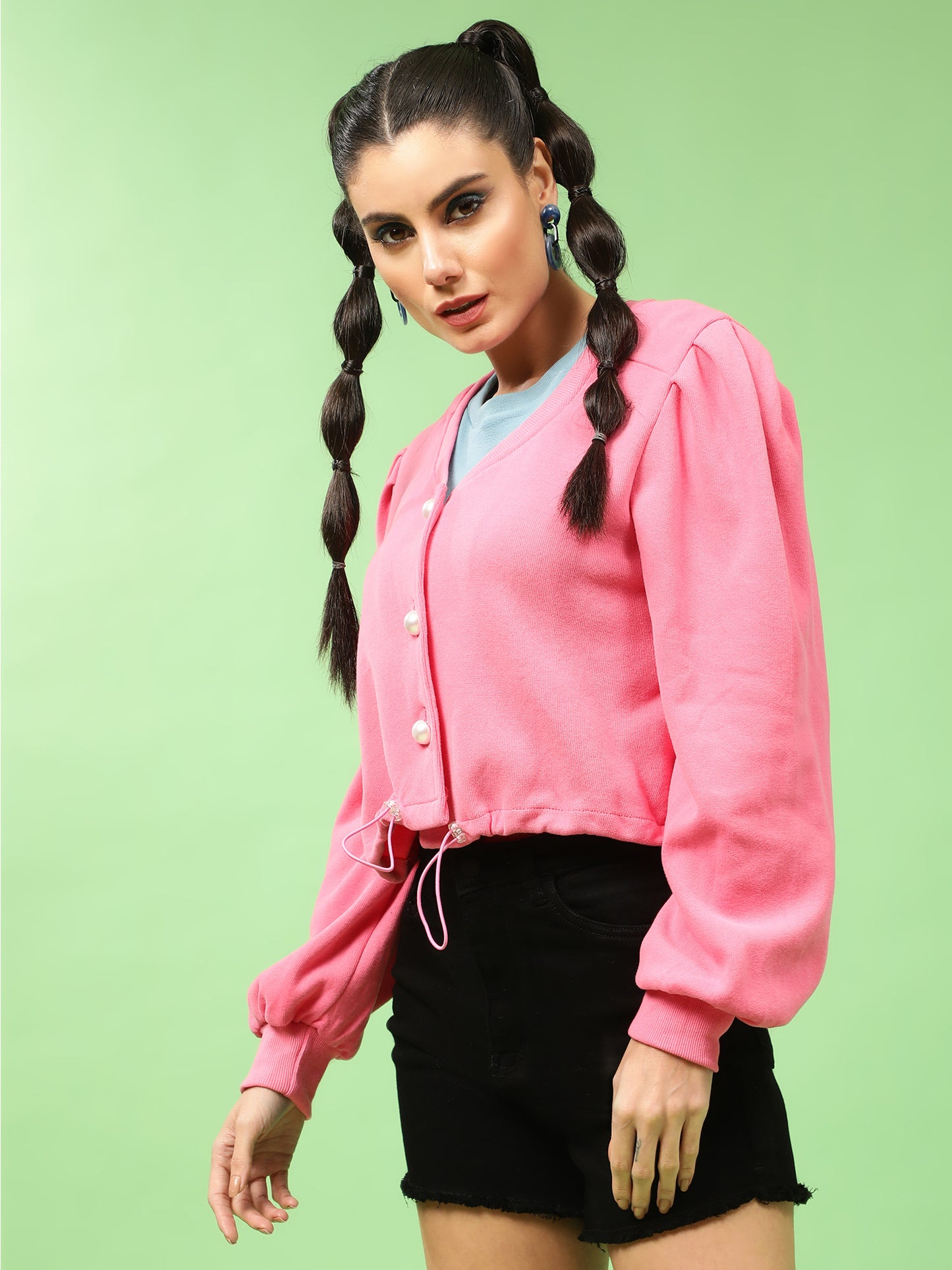 Pretty Pink Buttoned Down Puff Sleeves Sweatshirt