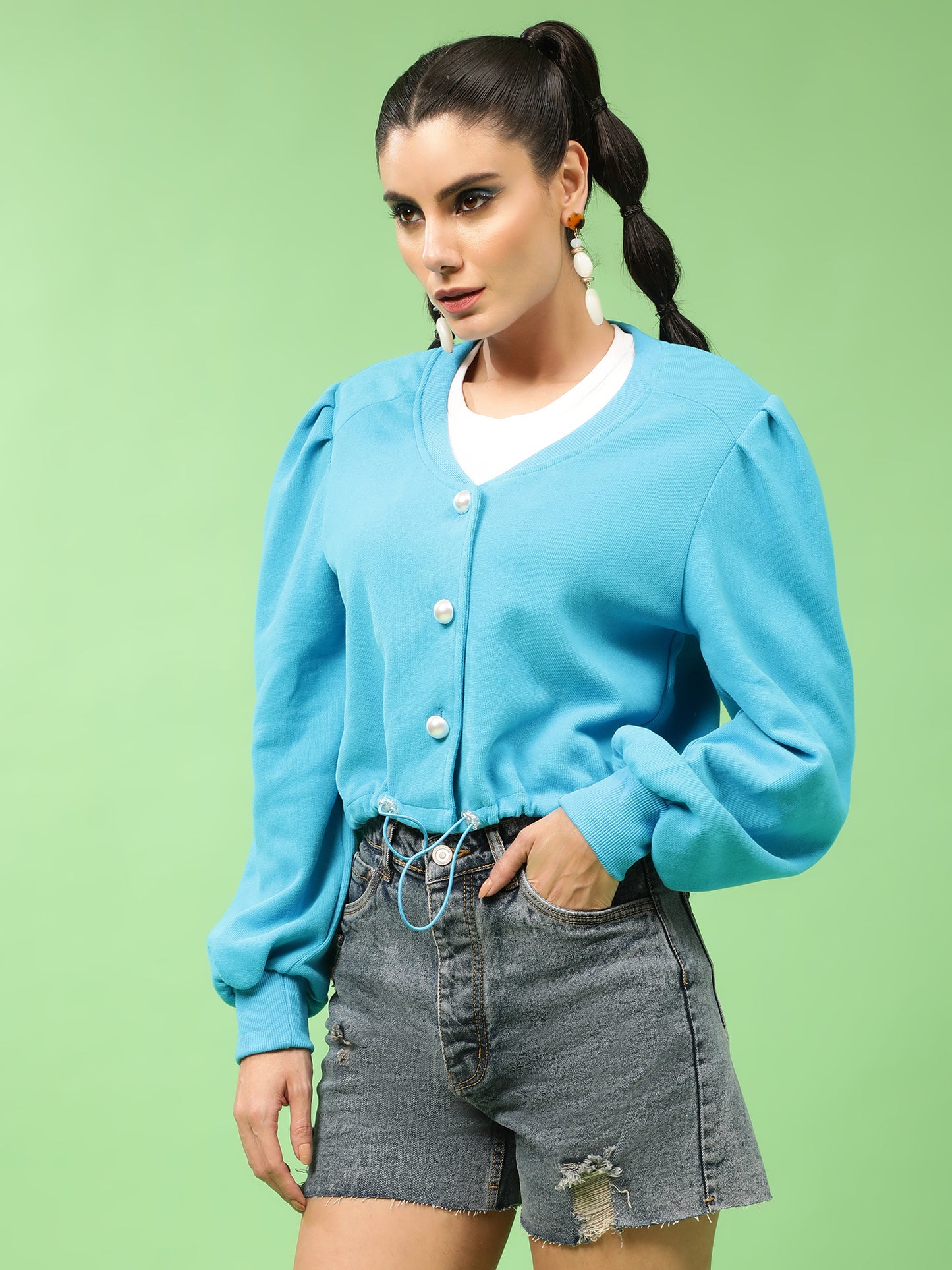 Blue Buttoned Down Puff Sleeves Sweatshirt