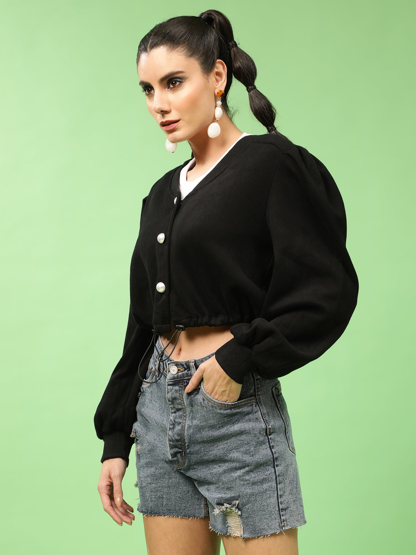 Black Buttoned down Puff Sleeves Sweatshirt