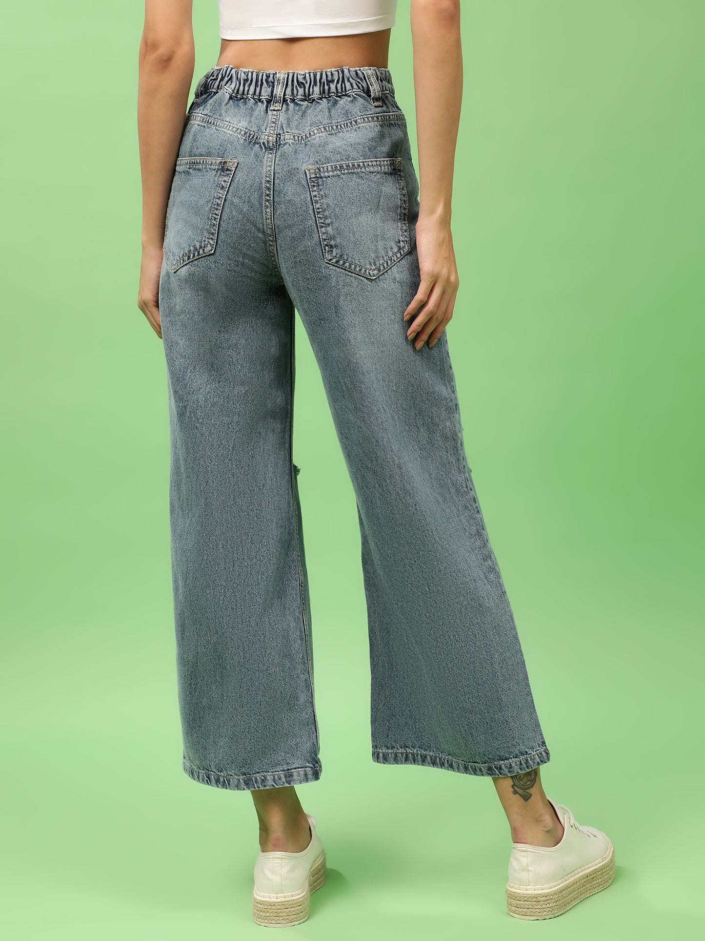 Distressed High Rise Flared Denim