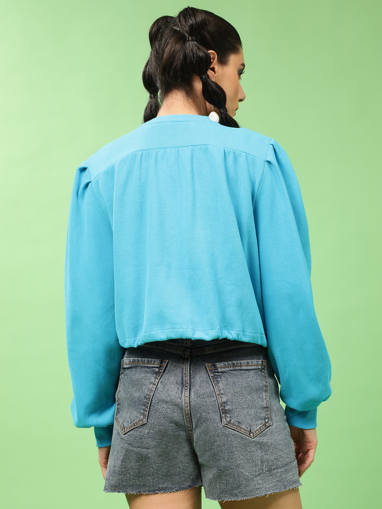 Blue Buttoned Down Puff Sleeves Sweatshirt