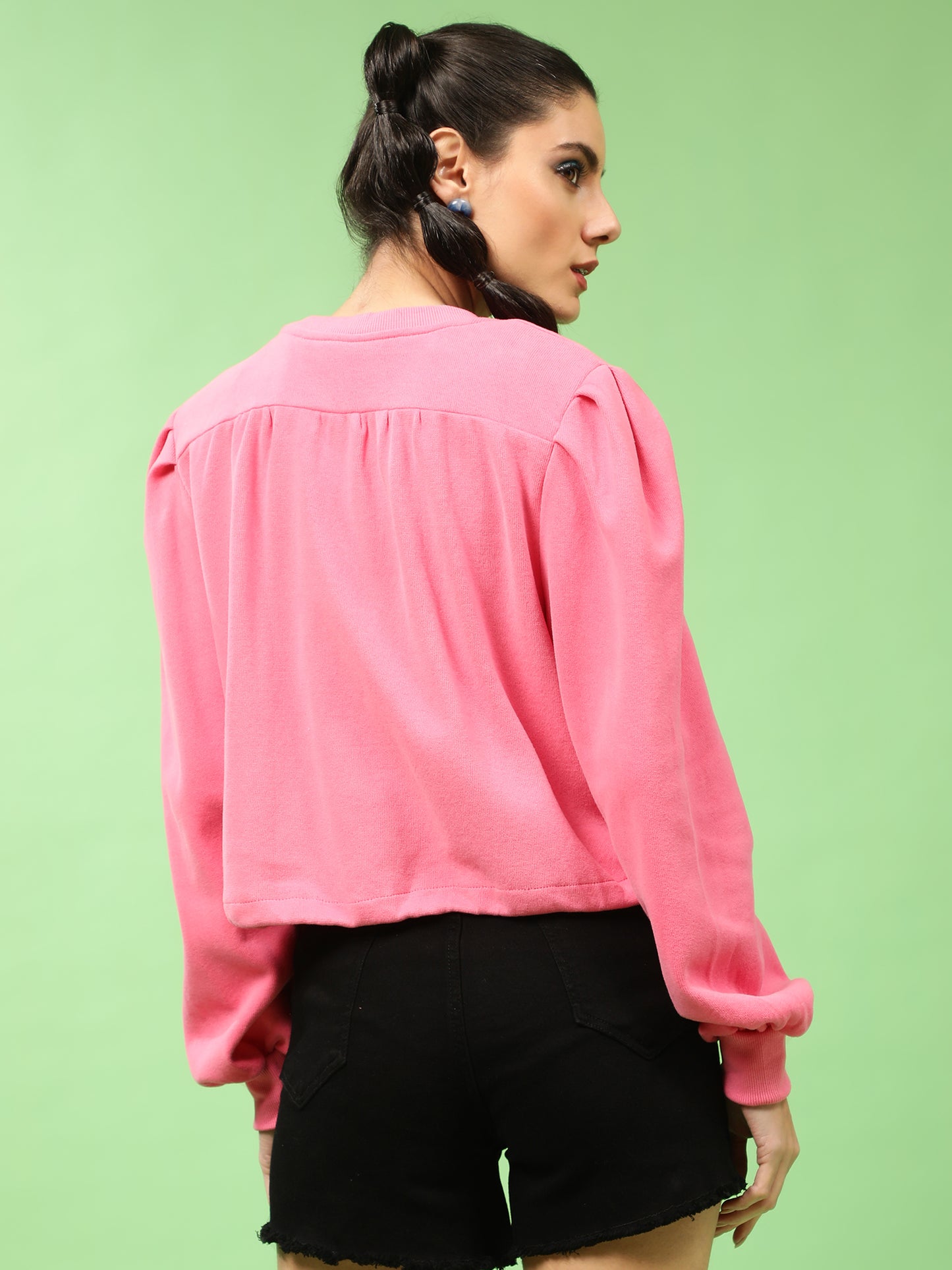 Pretty Pink Buttoned Down Puff Sleeves Sweatshirt