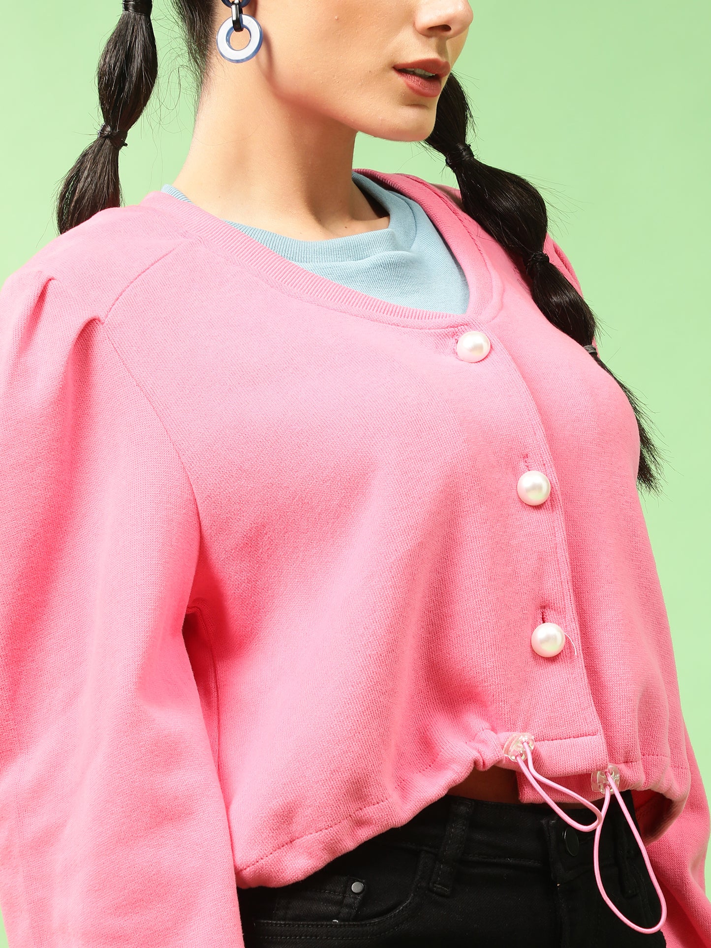 Pretty Pink Buttoned Down Puff Sleeves Sweatshirt