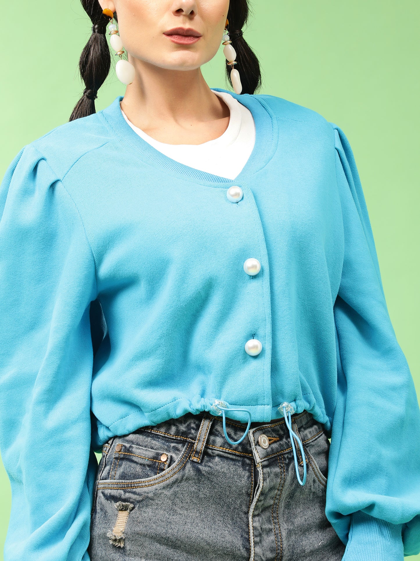 Blue Buttoned Down Puff Sleeves Sweatshirt