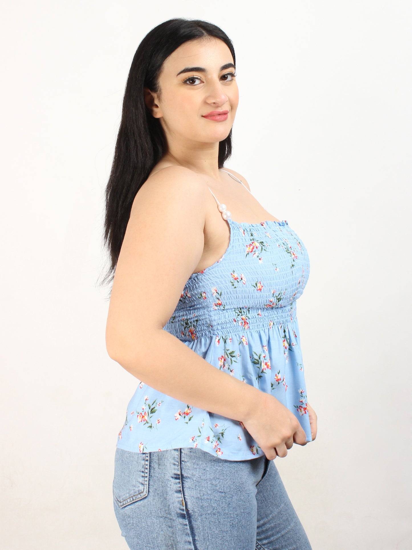 Smocked Blue Floral Top