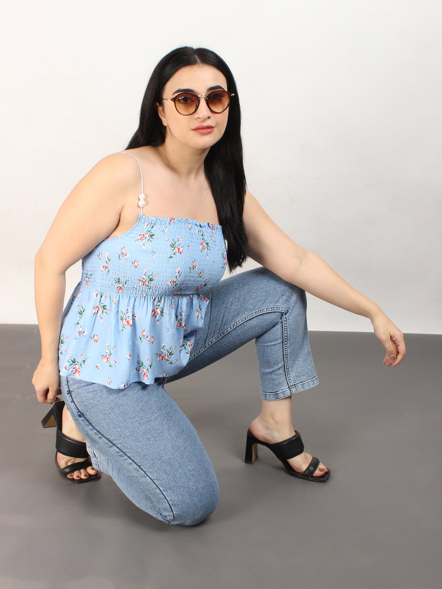 Smocked Blue Floral Top