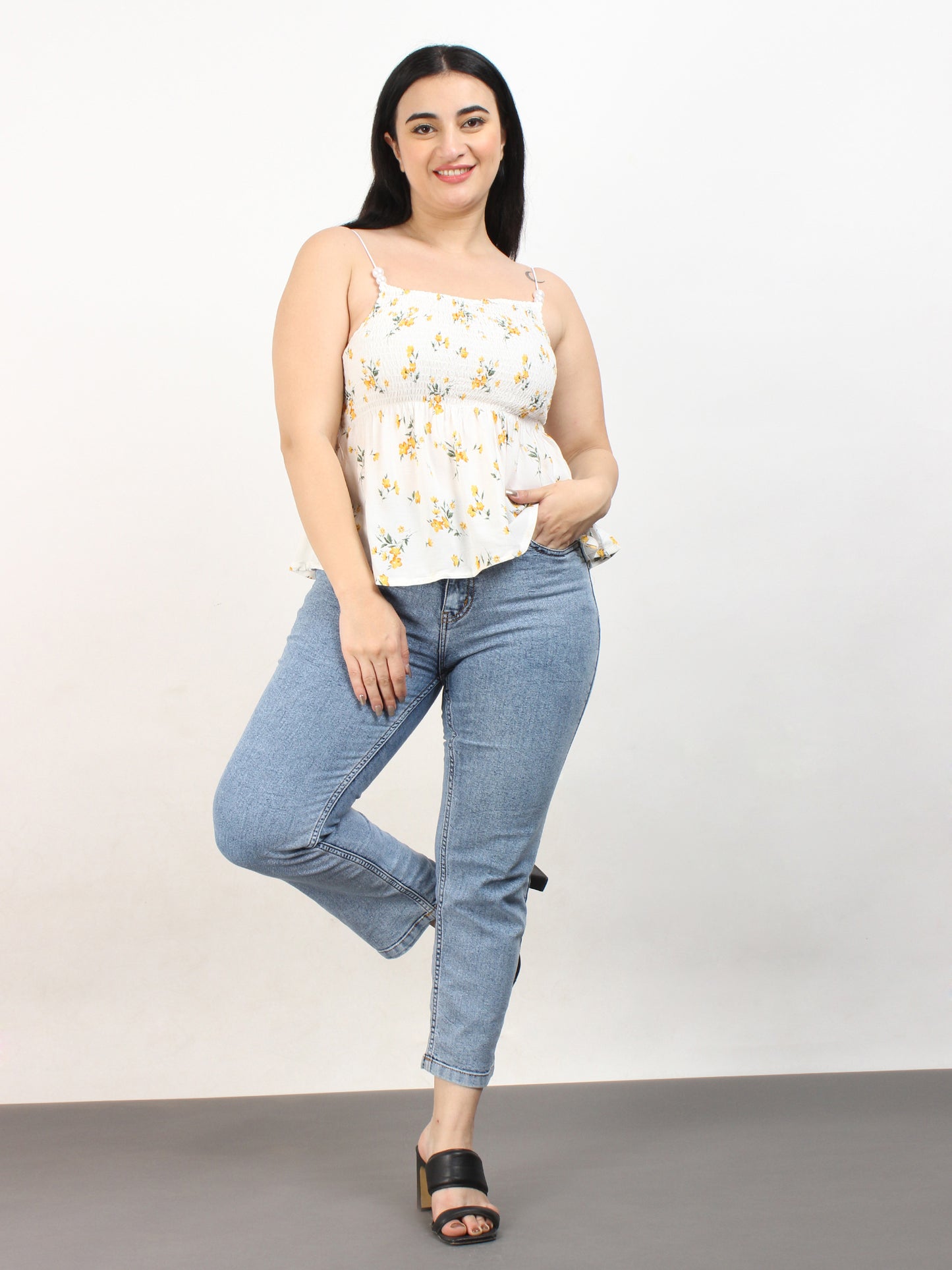 Smocked White Floral Top