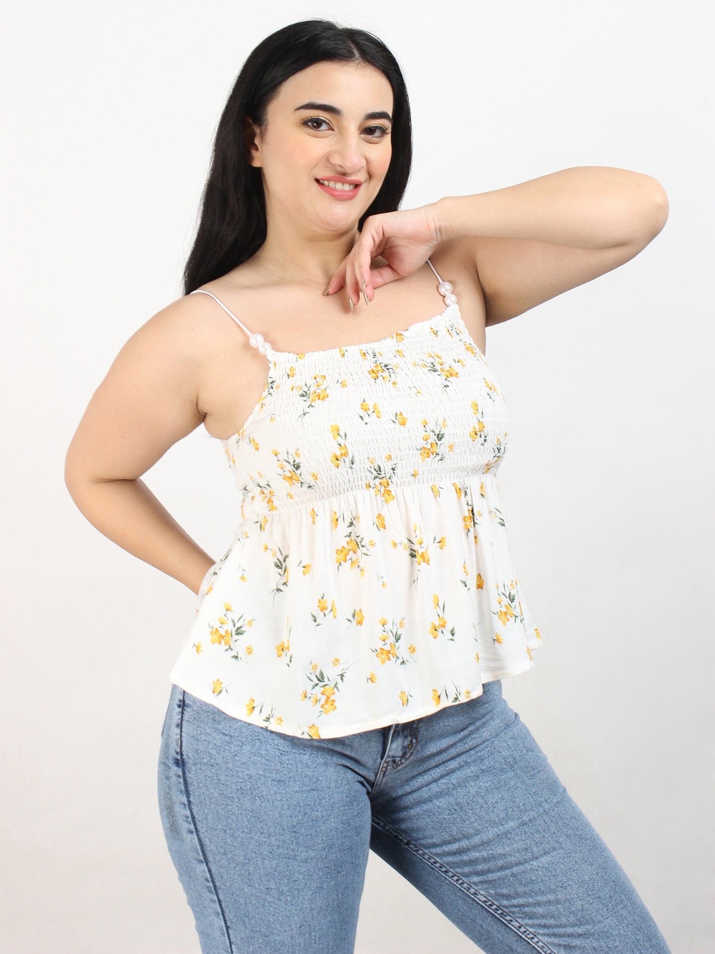Smocked White Floral Top