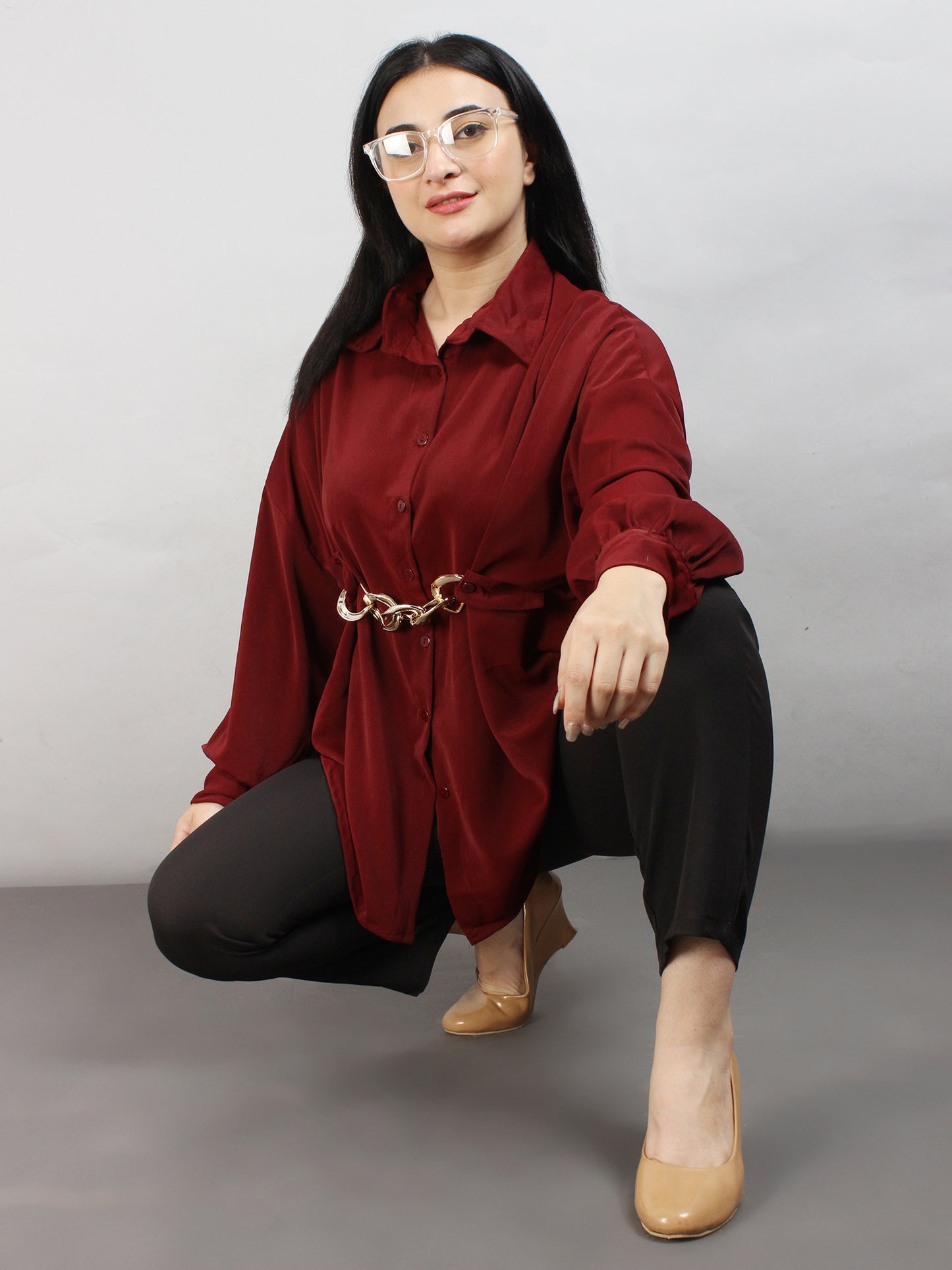 Fancy Ruby Oversized Shirt With Belt