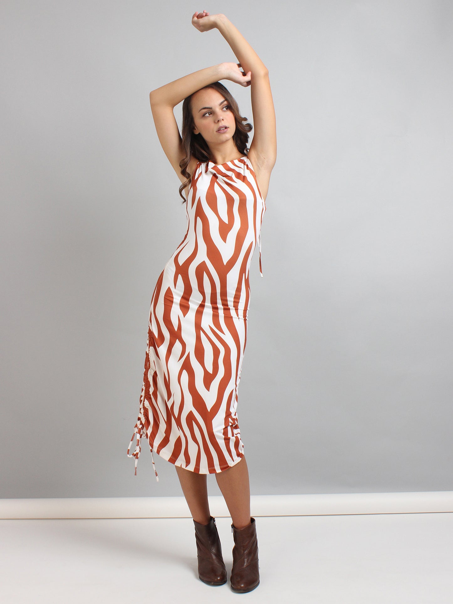 Cowl Neck Ruched Midi Dress