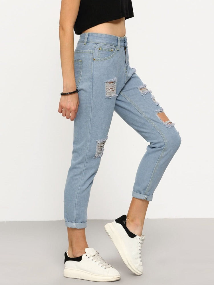 Mid Blue High Waist Distressed Denim