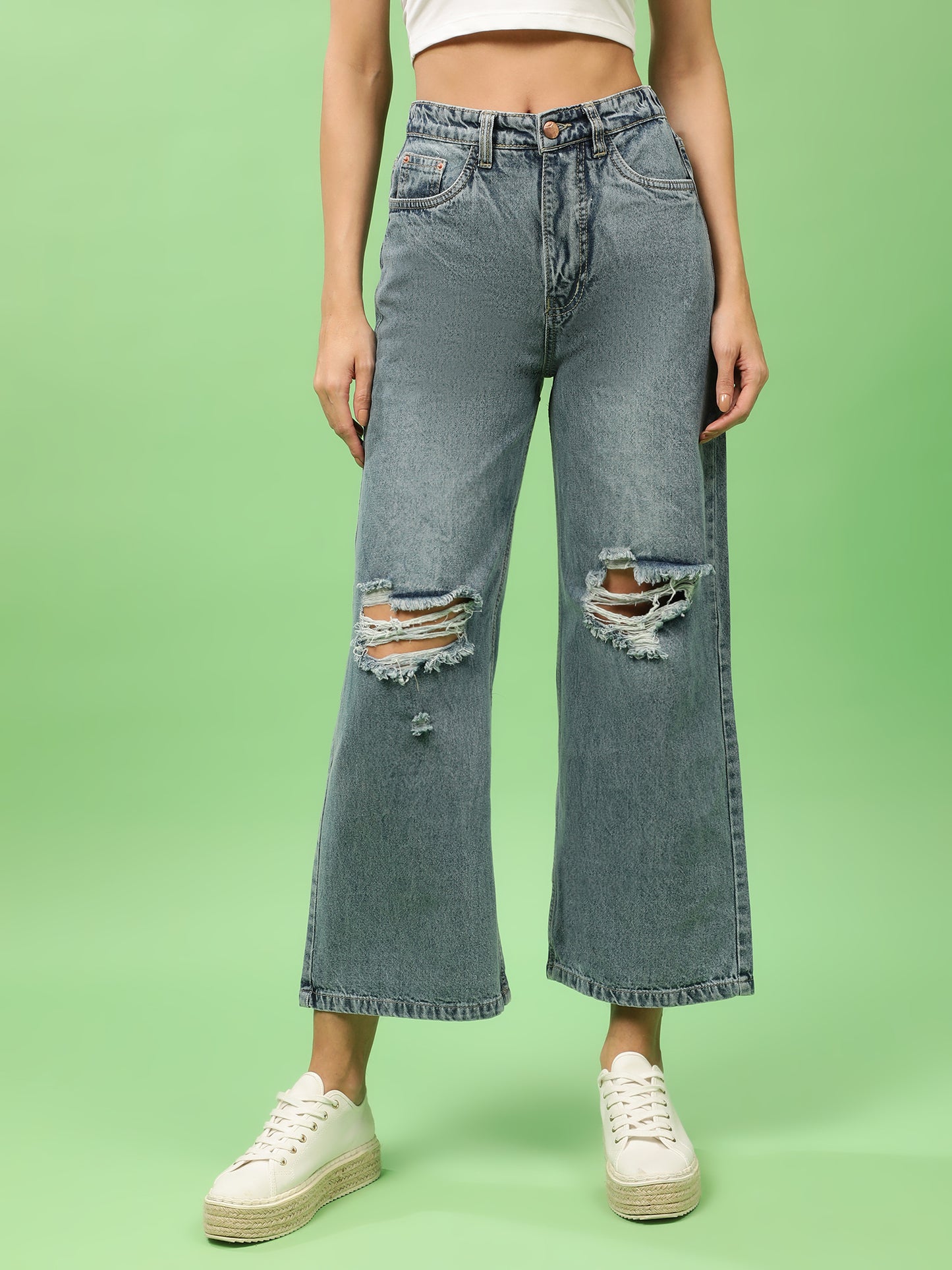 Distressed High Rise Flared Denim