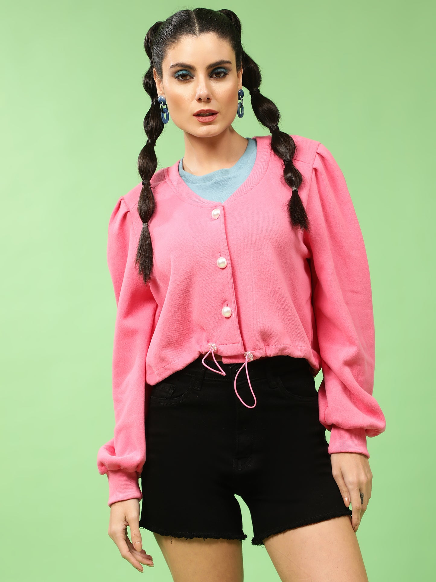 Pretty Pink Buttoned Down Puff Sleeves Sweatshirt