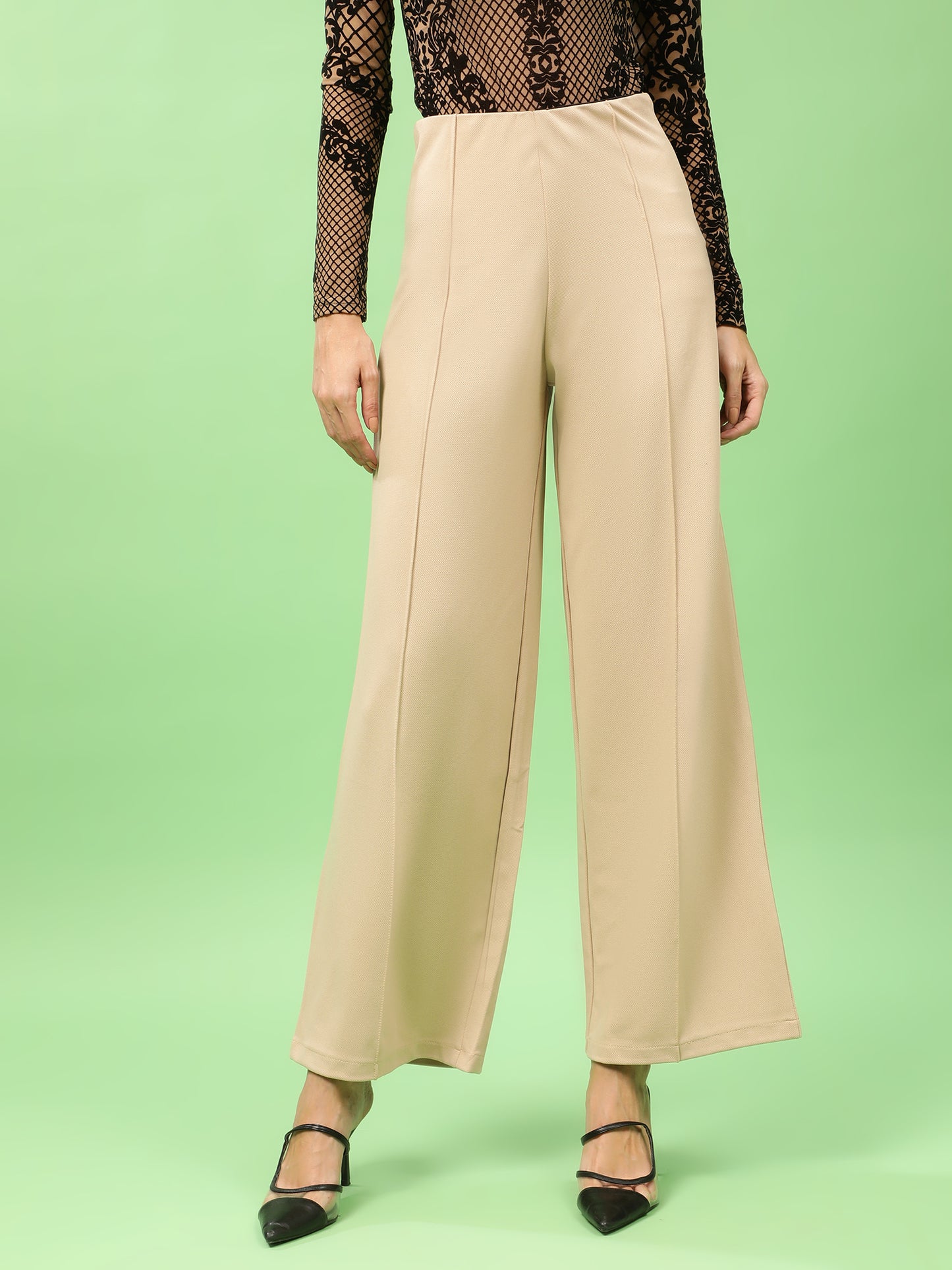 Beige High Waist Flared Trouser