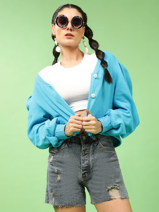 Blue Buttoned Down Puff Sleeves Sweatshirt