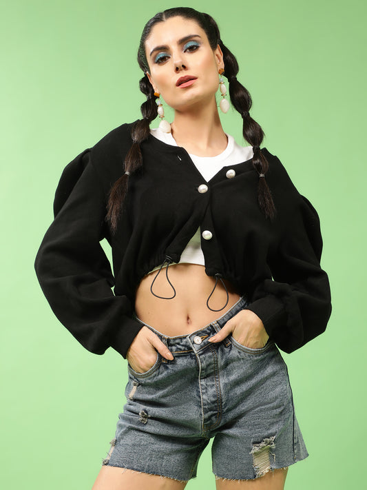 Black Buttoned down Puff Sleeves Sweatshirt