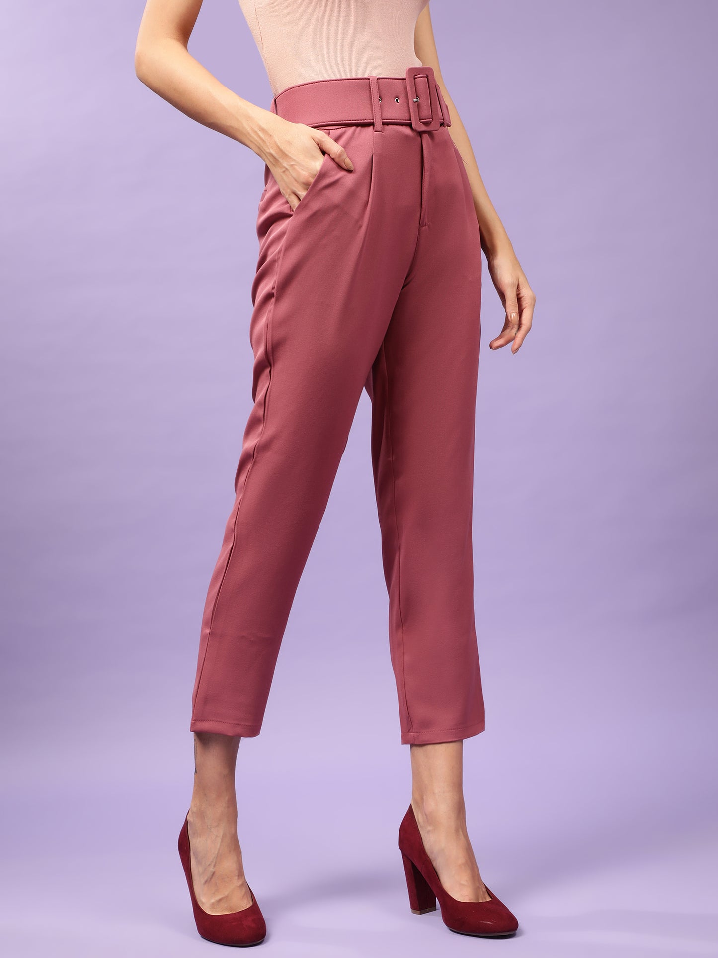 Red Belted Straight Fit Trouser