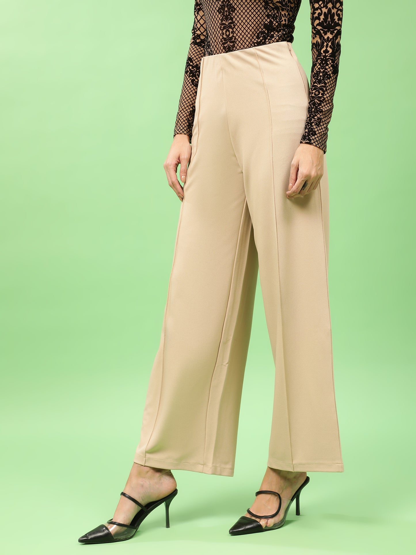 Beige High Waist Flared Trouser