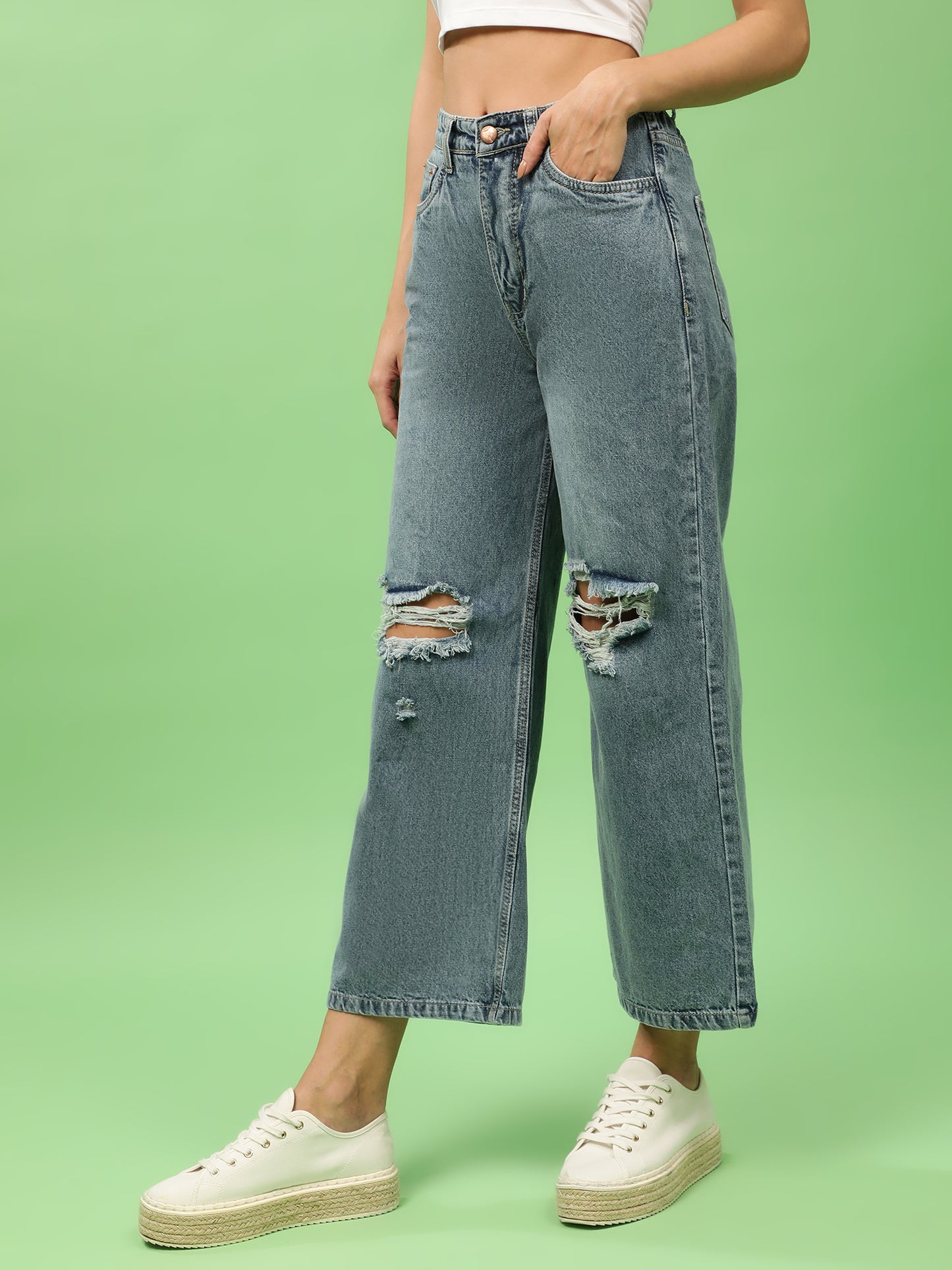 Distressed High Rise Flared Denim