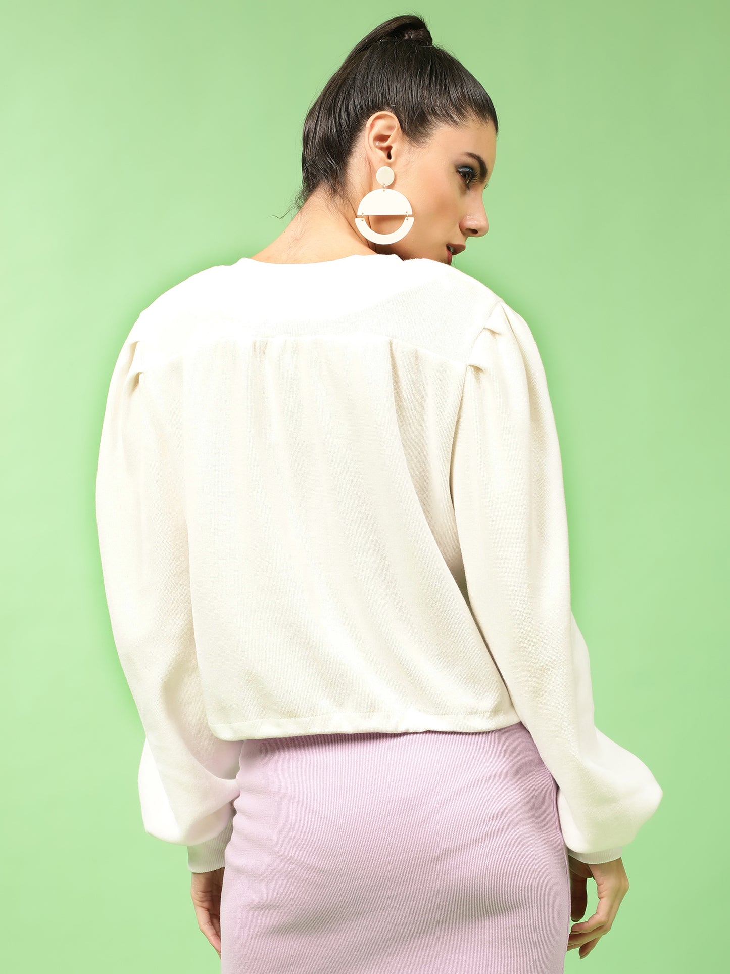 White Buttoned Down Puff Sleeves Sweatshirt
