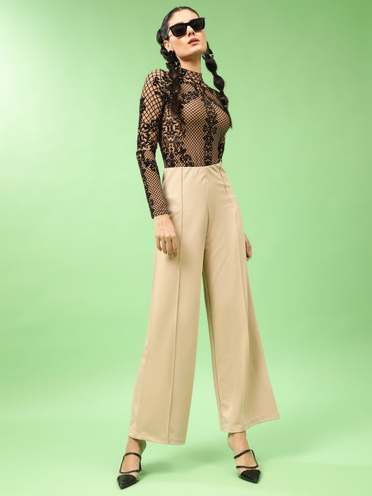 Beige High Waist Flared Trouser