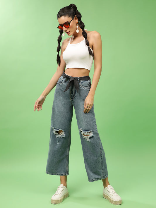 Distressed High Rise Flared Denim