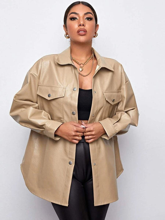 Beige Faux Leather Oversized Shirt