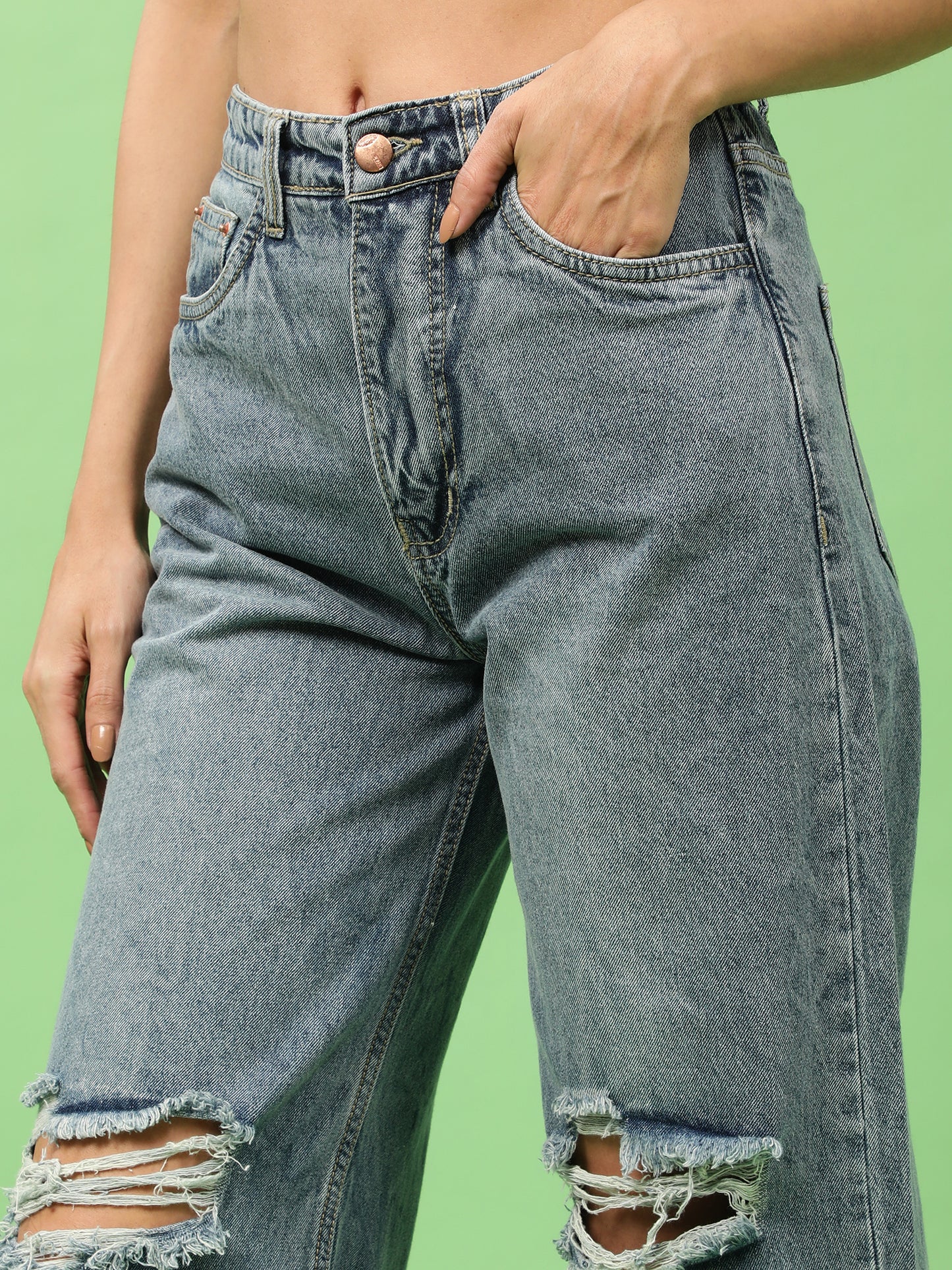 Distressed High Rise Flared Denim