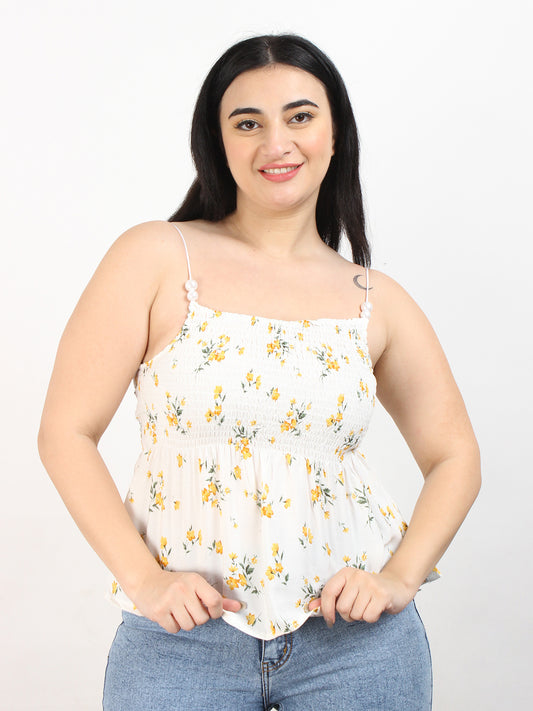 Smocked White Floral Top