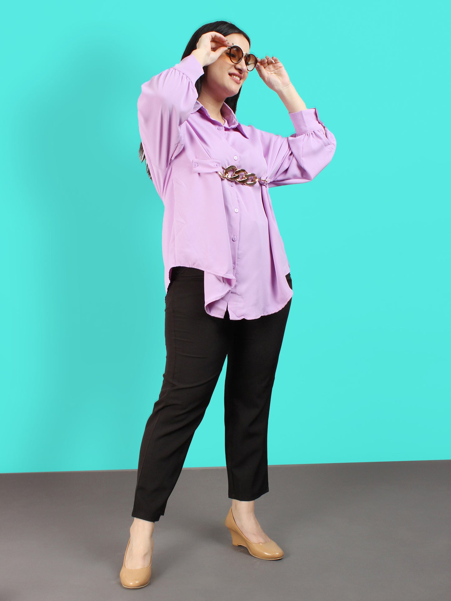 Fancy Lilac Oversized Shirt With Belt