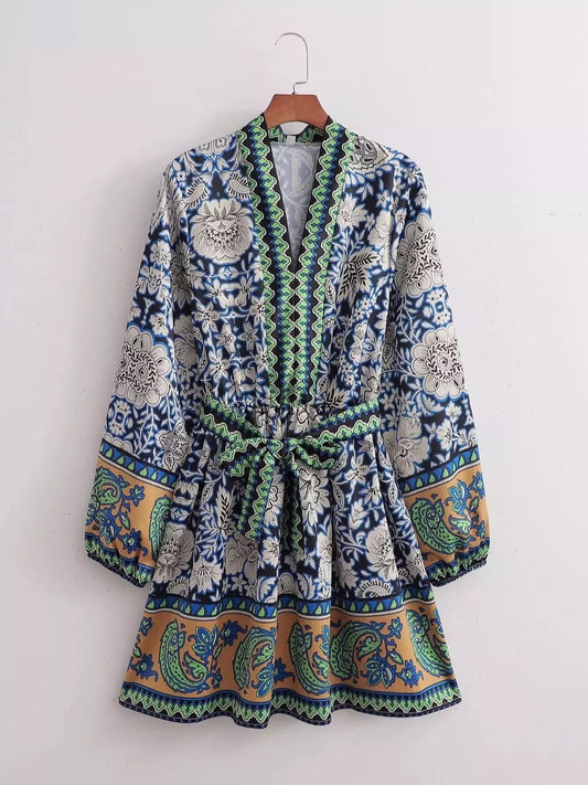 Printed Dress with Long Belt