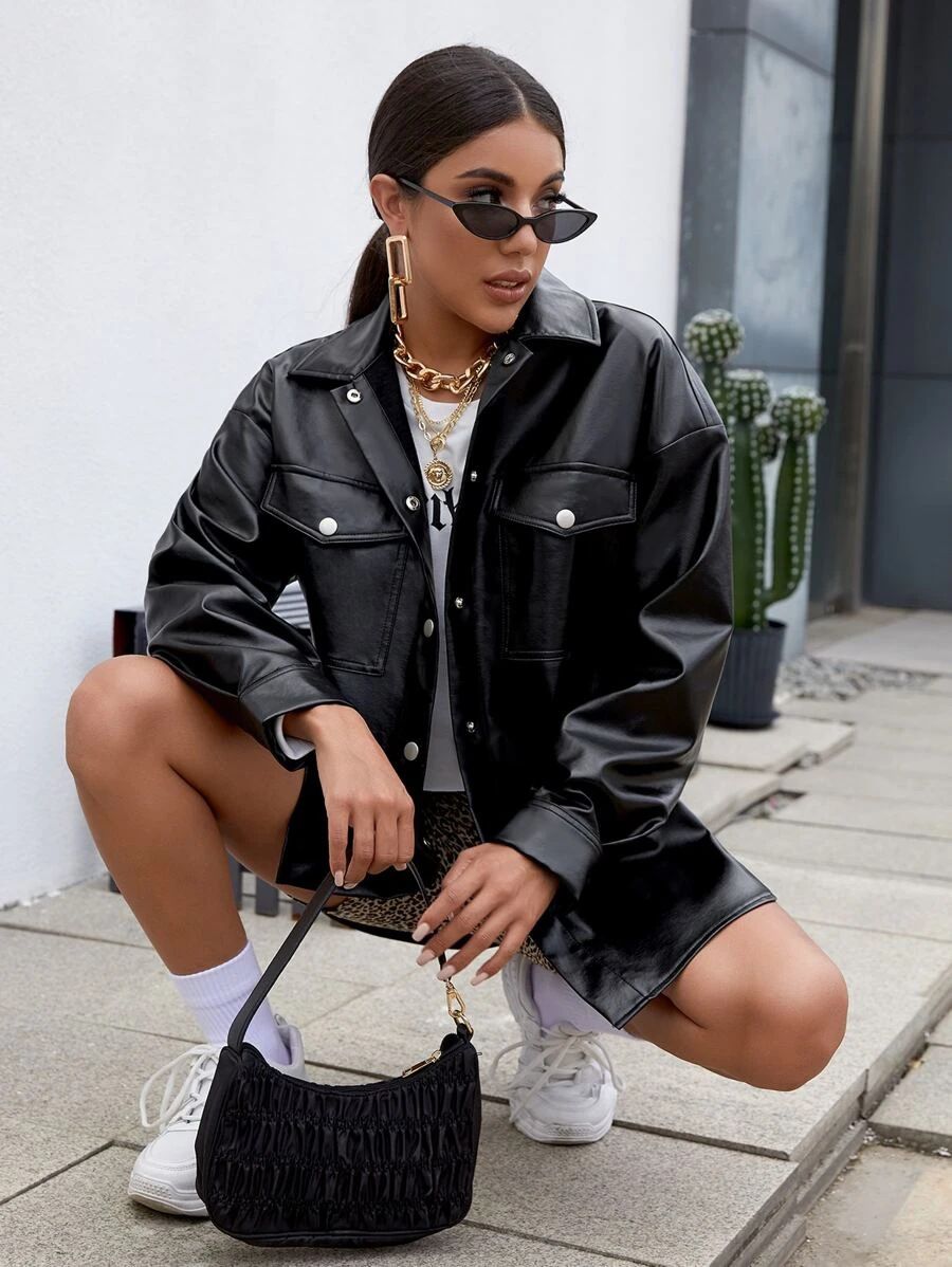 Black Faux Leather Oversized Shirt
