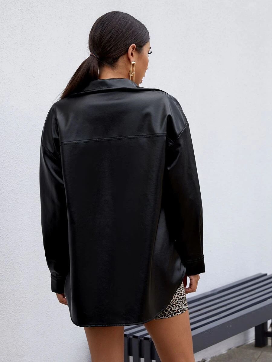 Black Faux Leather Oversized Shirt