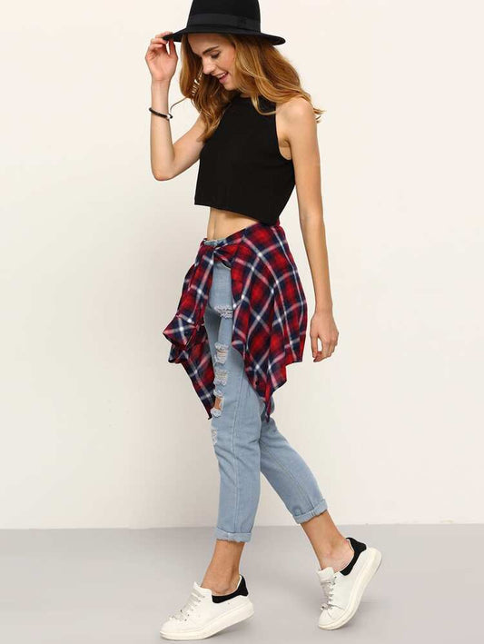 Mid Blue High Waist Distressed Denim